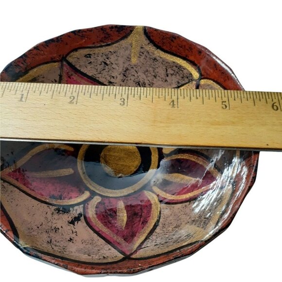 Mexican Pottery Footed Bowl Vallarta Signed Flower Gold Paint Lined 5.5" Folk - Picture 3 of 9